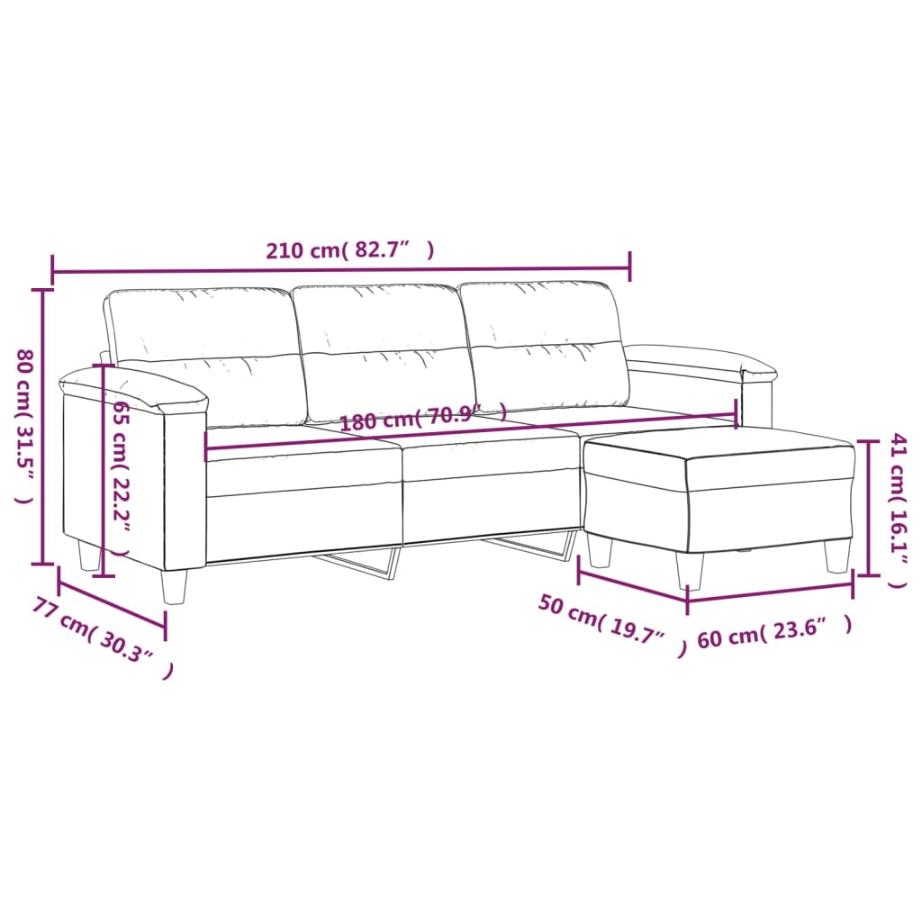 Sofá de 3 lugares c/ apoio de pés 180cm microfibra cinza-escuro