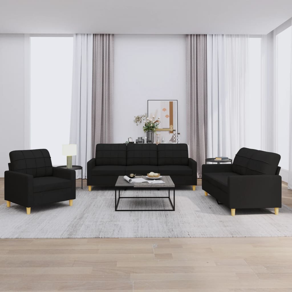 3 pcs sofa set with cushions black fabric