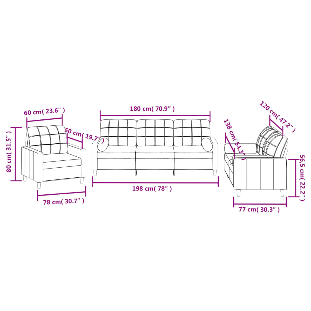 3 pcs conjunto de sofás com almofadas tecido cinzento-claro