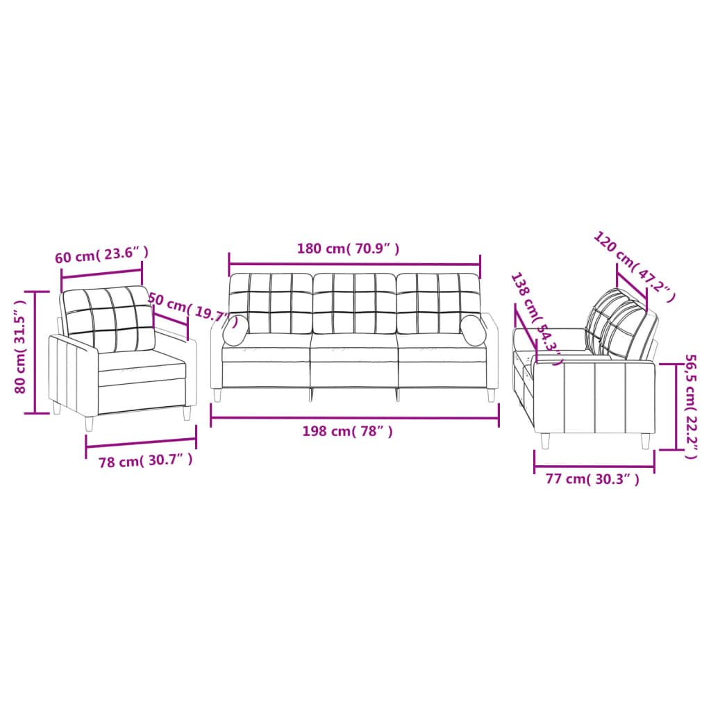 3 pcs conjunto de sofás com almofadas tecido cinza-acastanhado