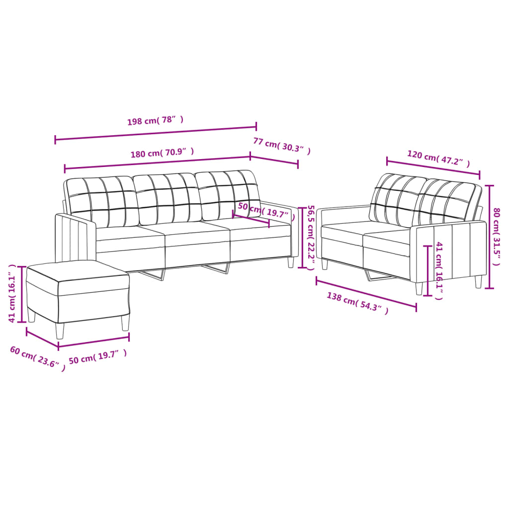 3 pcs conjunto de sofás com almofadões tecido cinzento-claro