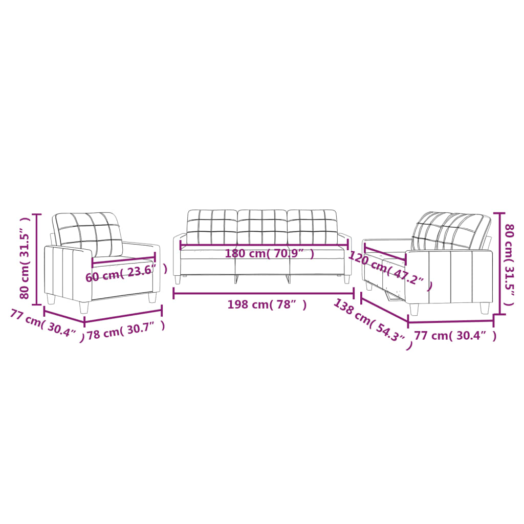 3 pcs conjunto sofás c/ almofadões couro artificial cor creme