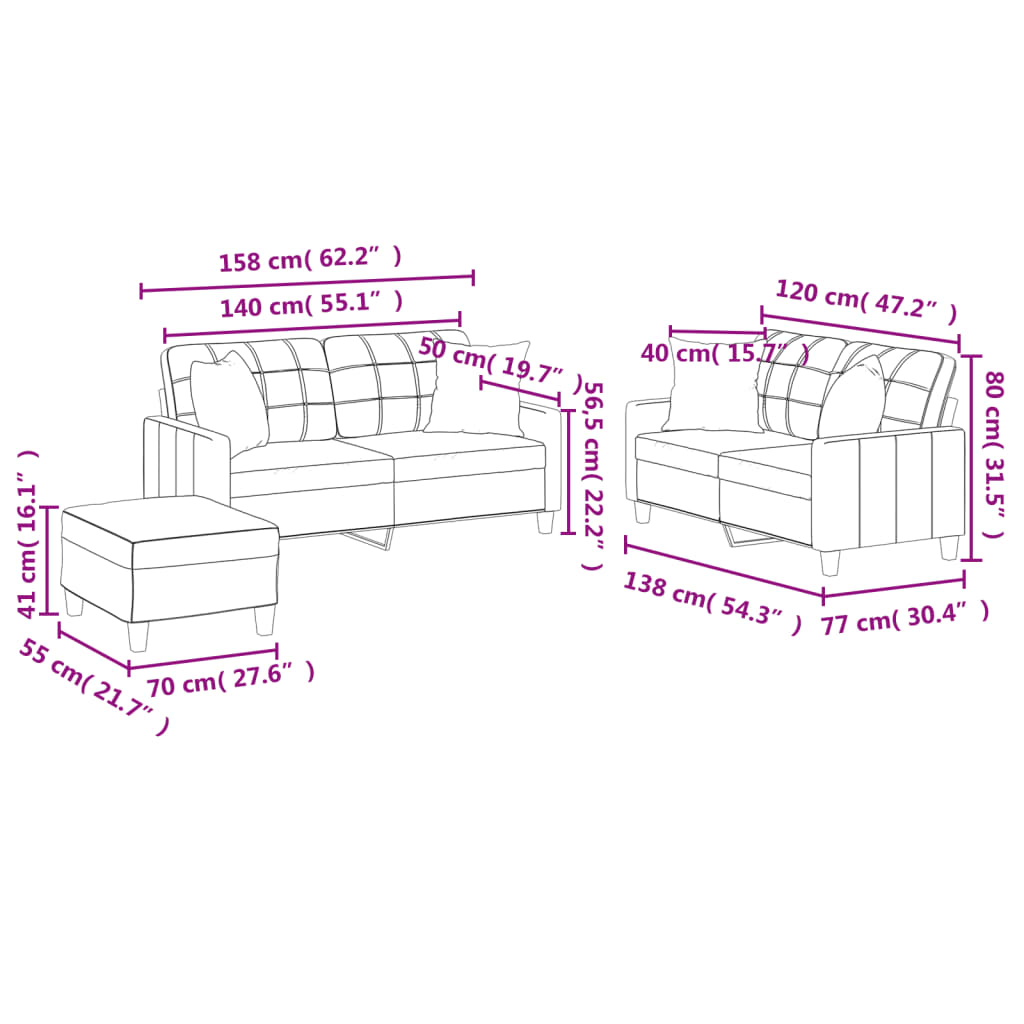 3 pcs conjunto de sofás com almofadas couro artificial creme