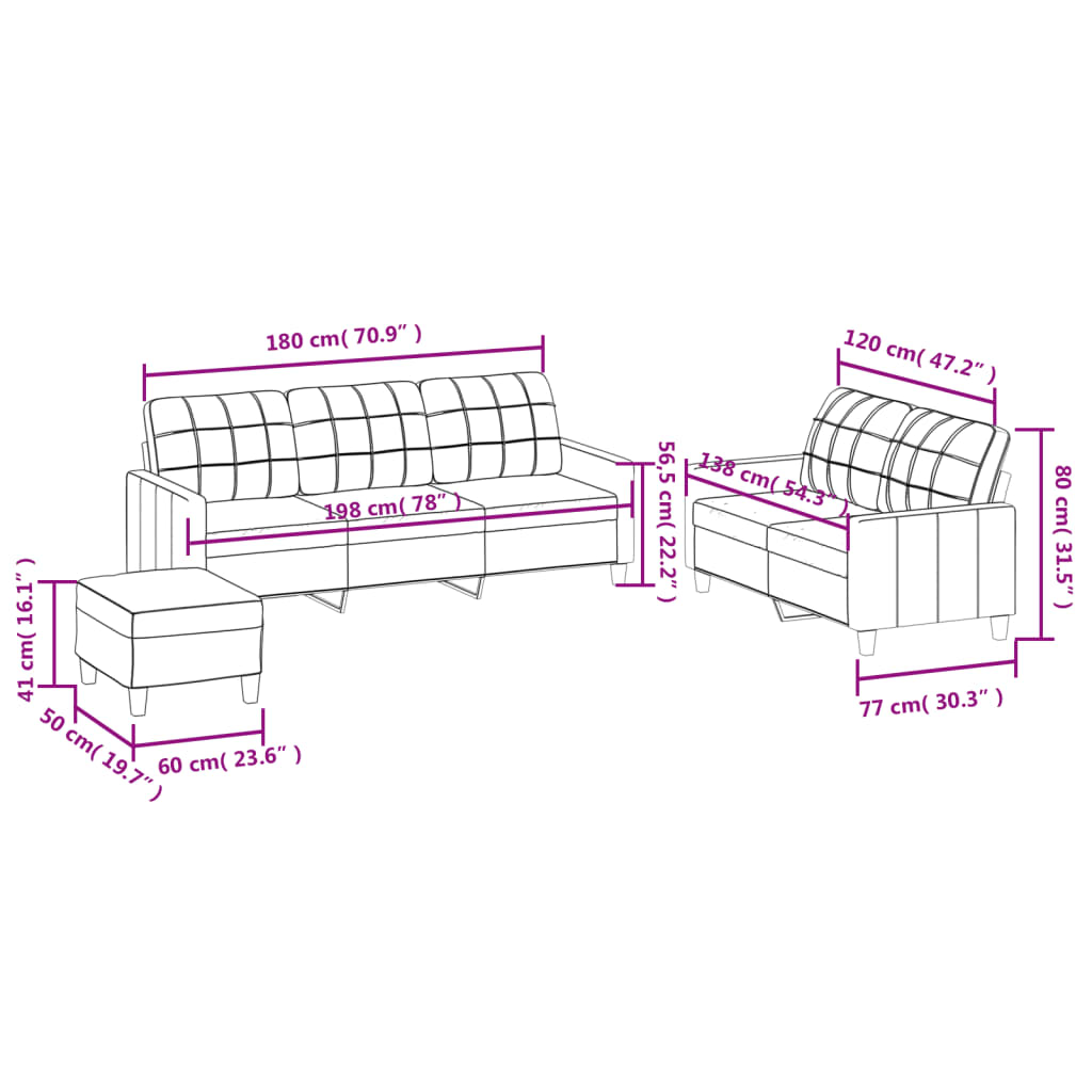 3 pcs conjunto de sofás com almofadões couro artificial preto