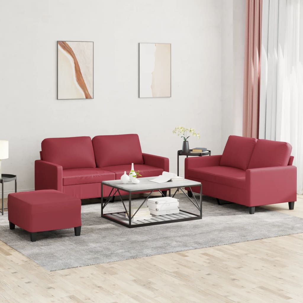 3 pcs sofa set with cushions in red faux leather