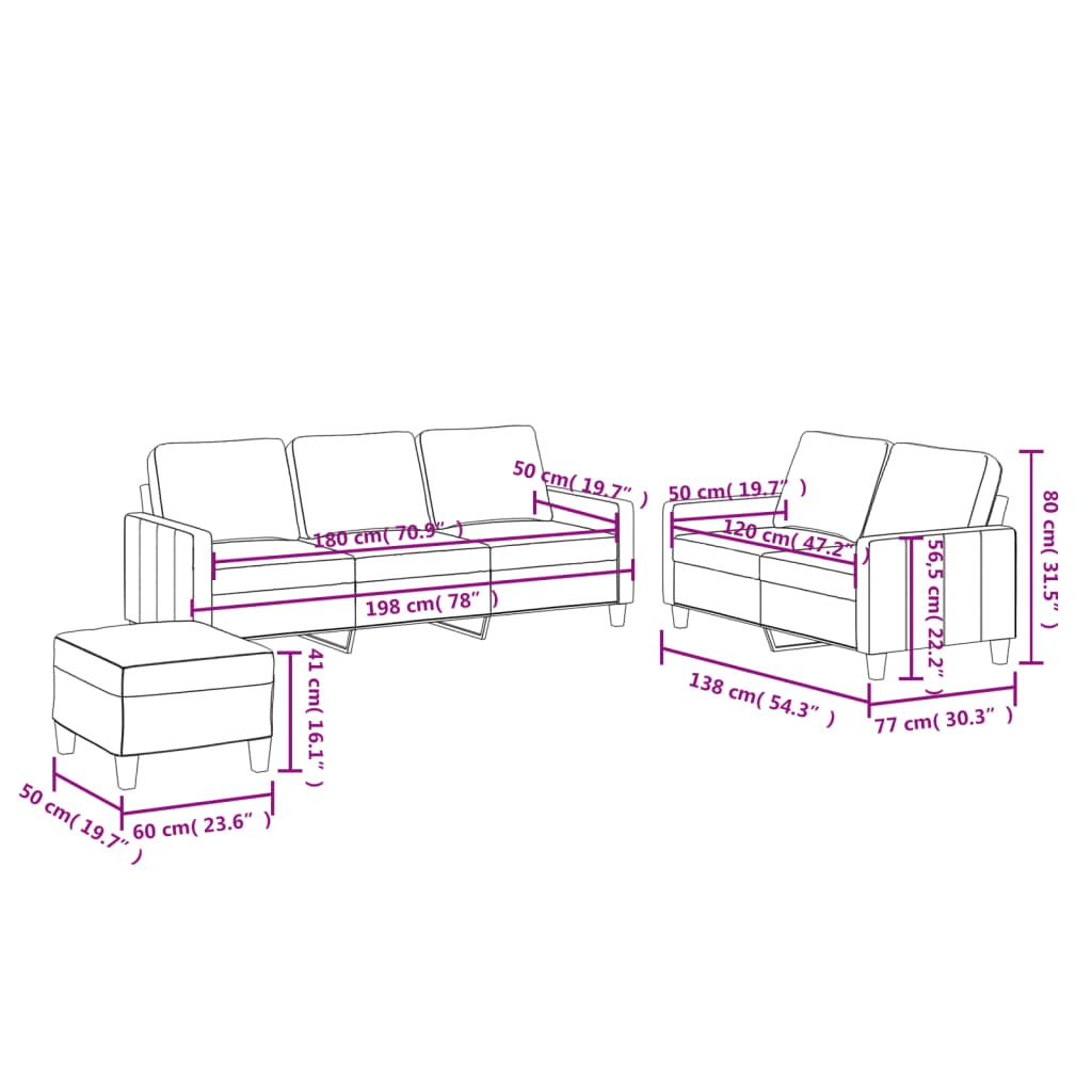 3 pcs conjunto sofás c/ almofadões couro artificial cappuccino