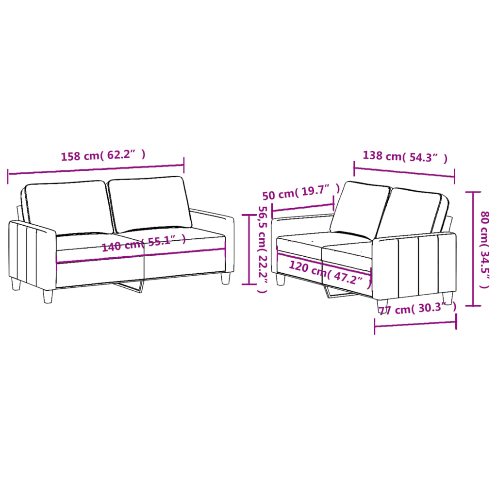 2 pcs sofa set with cushions cream color fabric