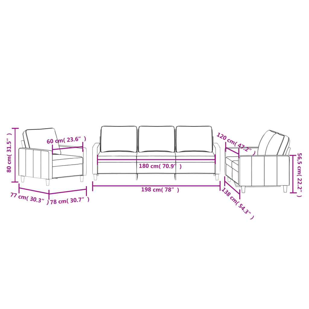3 pcs sofa set with cream velvet cushions