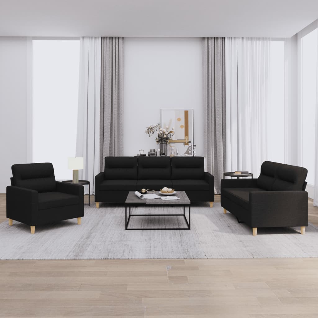 3 pcs sofa set with cushions black fabric