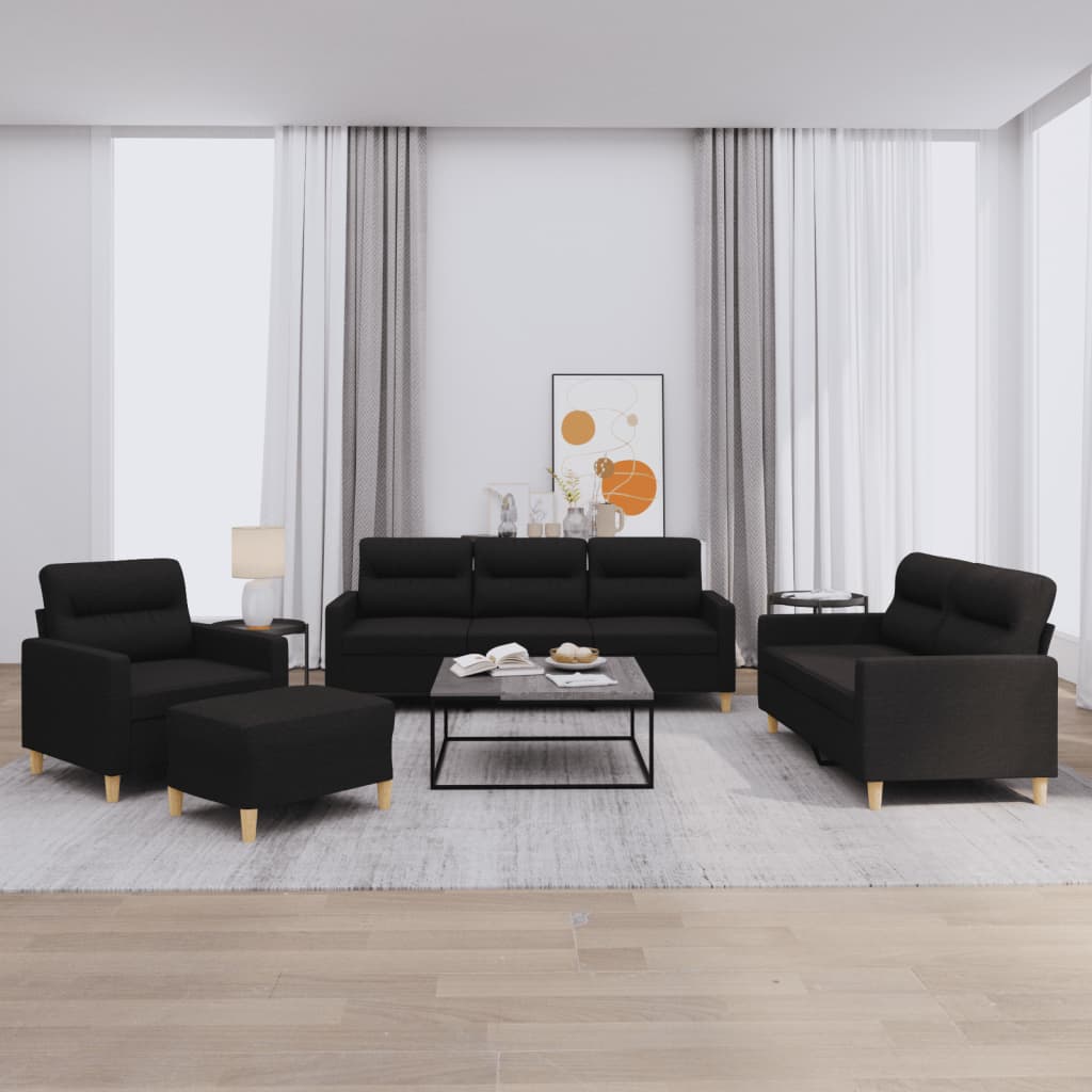 4 pcs conjunto de sofás com almofadões tecido preto