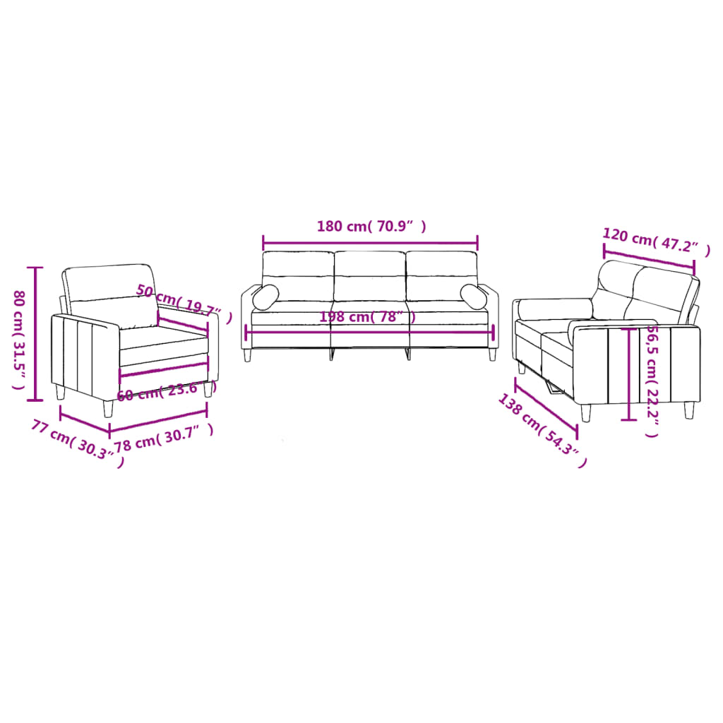 3 pcs conjunto de sofás com almofadas tecido cinzento-escuro
