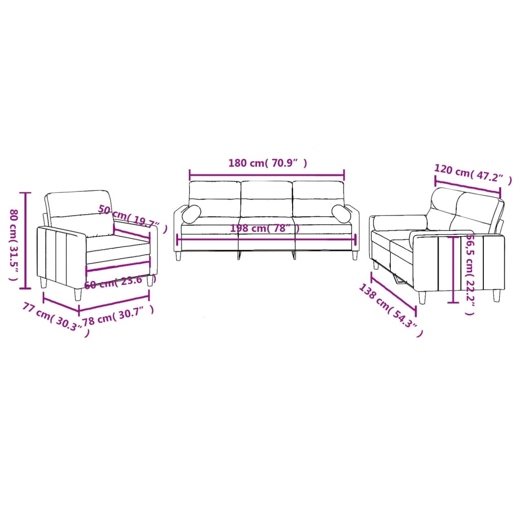 3 pcs sofa set with cushions cream color fabric