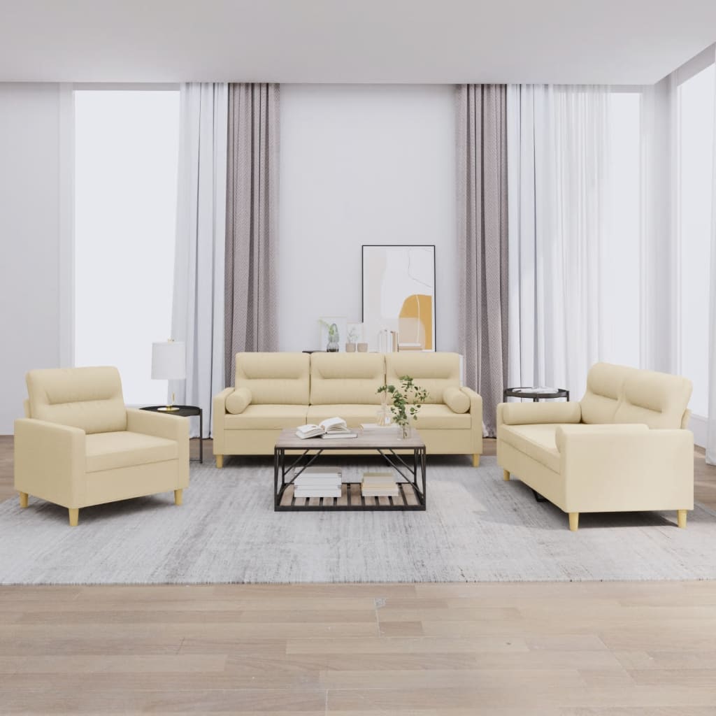 3 pcs sofa set with cushions cream color fabric