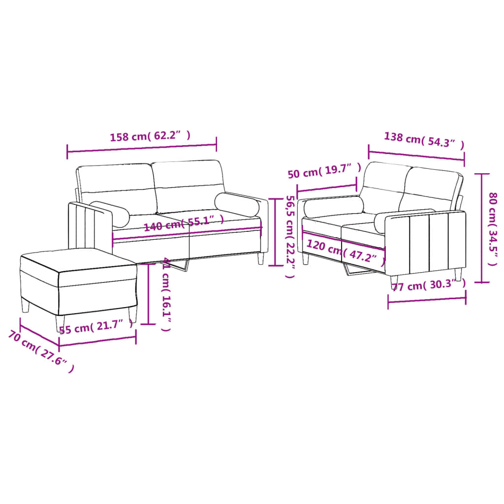 3 pcs conjunto de sofás com almofadas tecido cinzento-claro