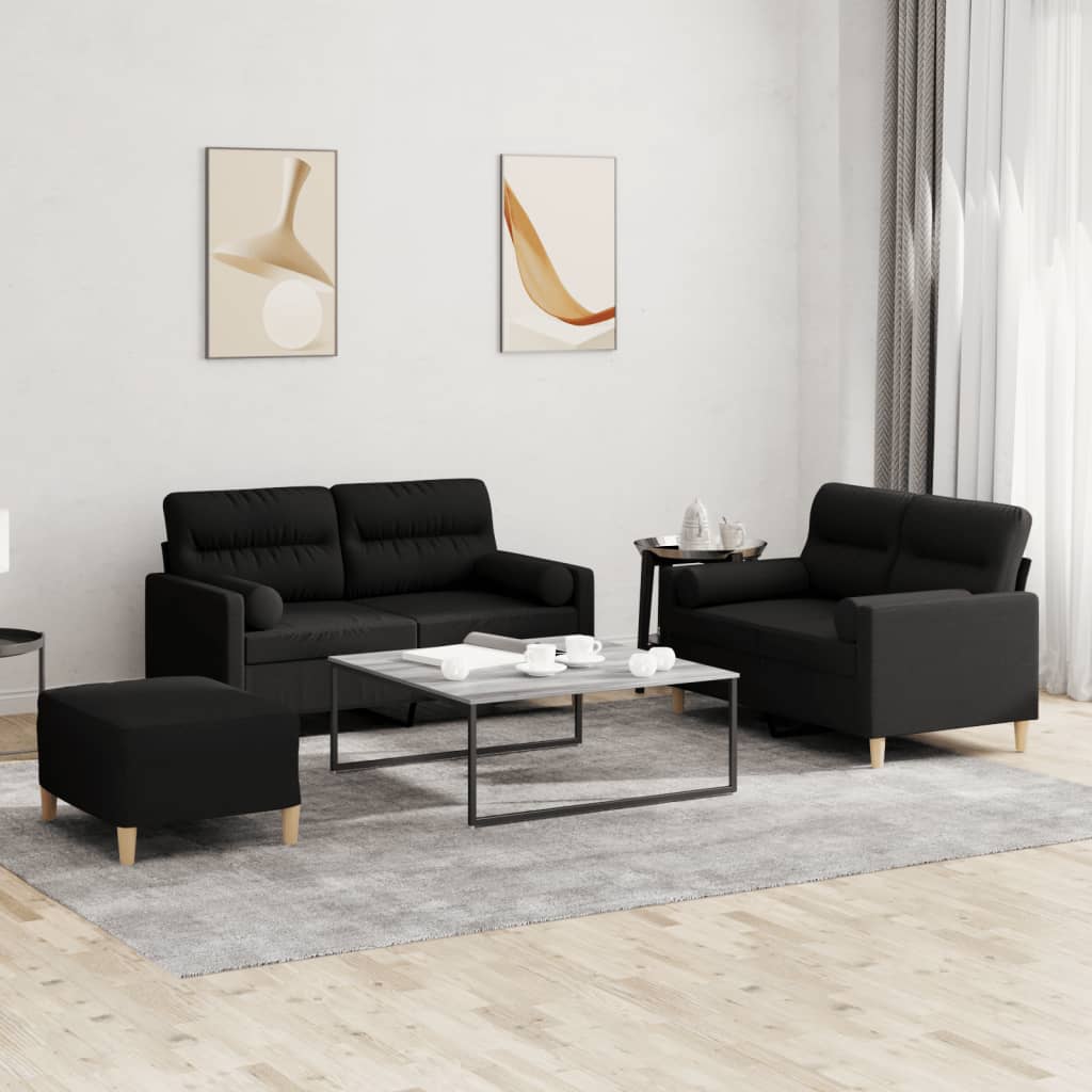 3 pcs conjunto de sofás com almofadas tecido preto