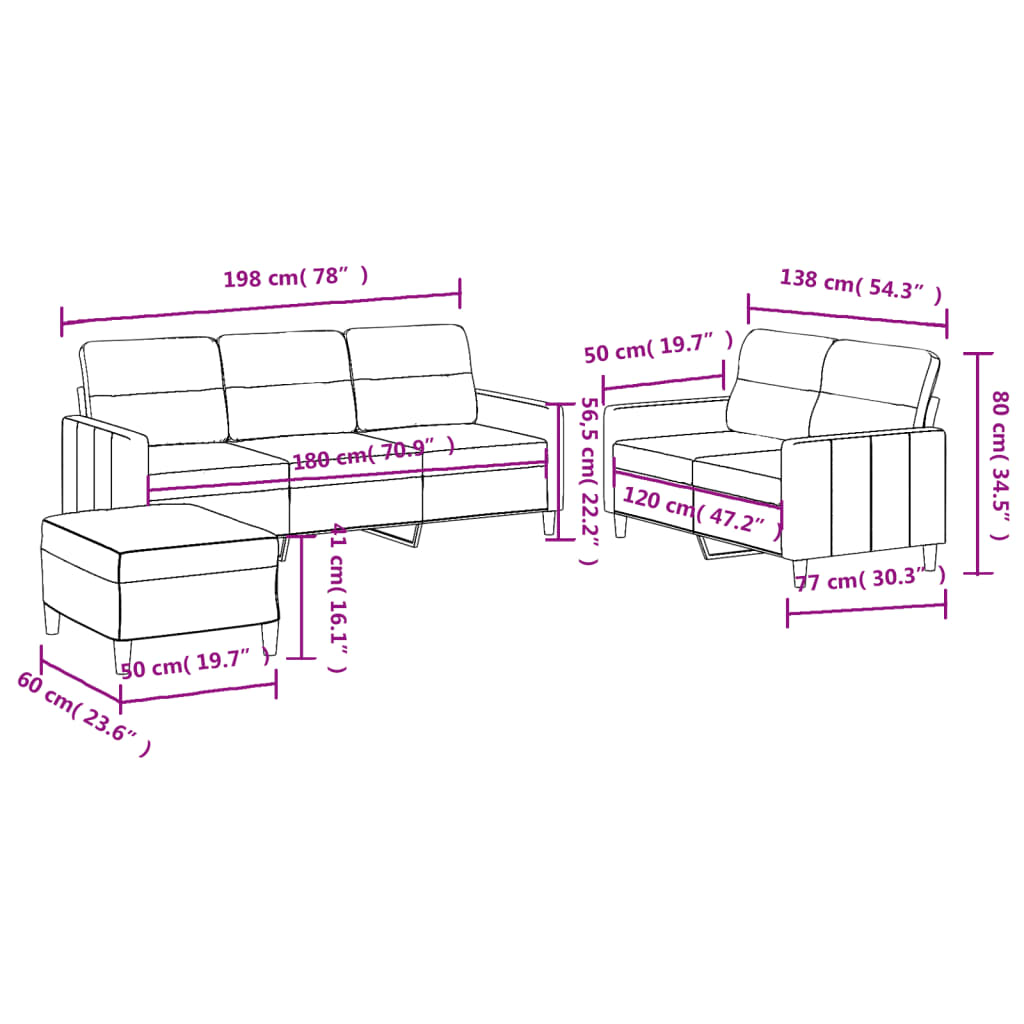 3 pcs conjunto de sofás com almofadões tecido cinzento-claro