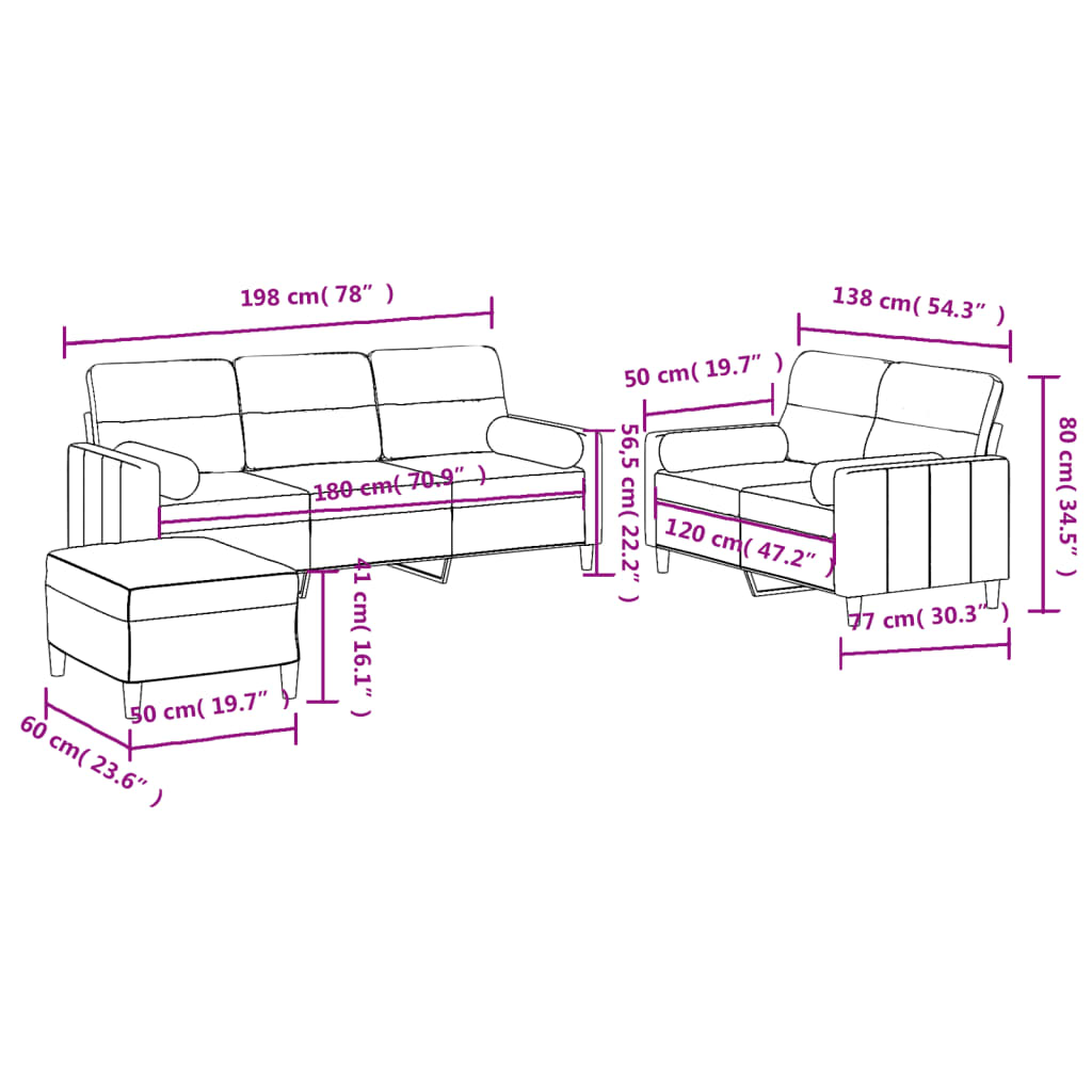 3 pcs conjunto de sofás com almofadas tecido cinzento-escuro