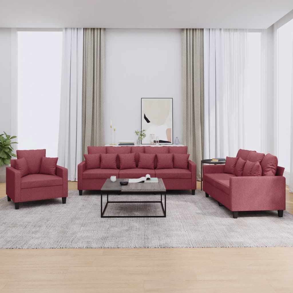 3 pcs conjunto de sofás com almofadas tecido vermelho-tinto