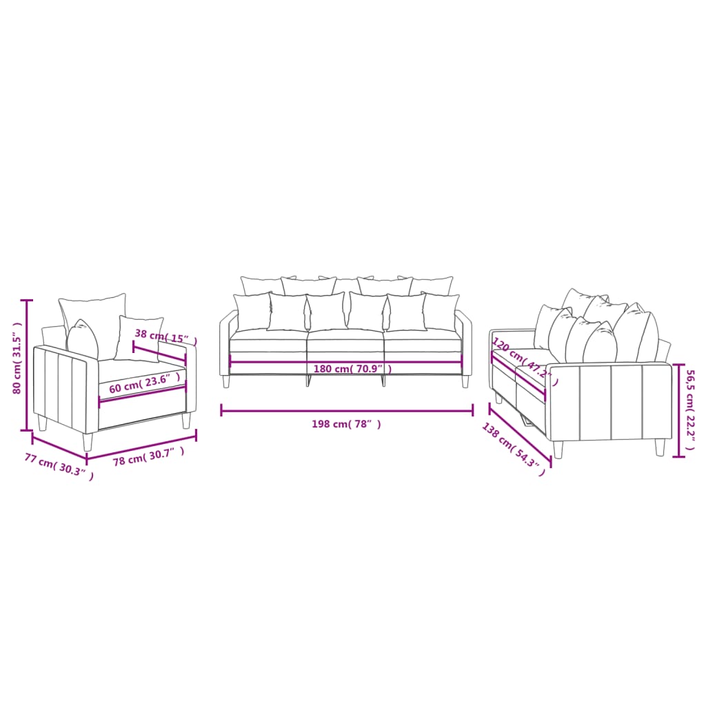 3 pcs conjunto de sofás com almofadões veludo cinzento-escuro