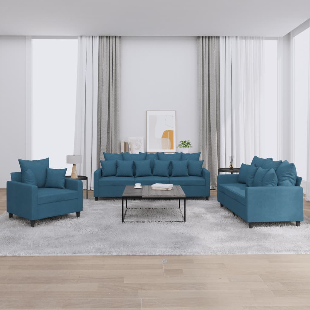3 pcs sofa set with blue velvet cushions