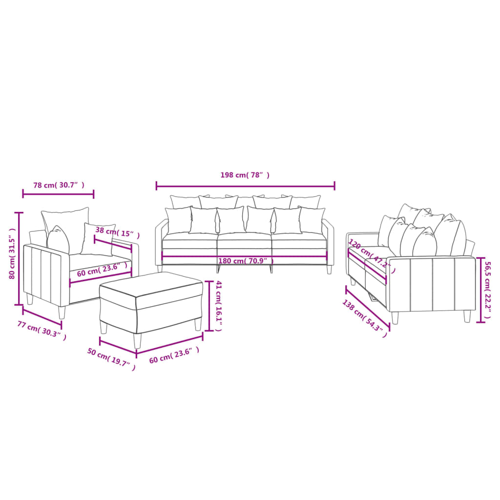 4 pcs conjunto de sofás com almofadões veludo cinzento-escuro