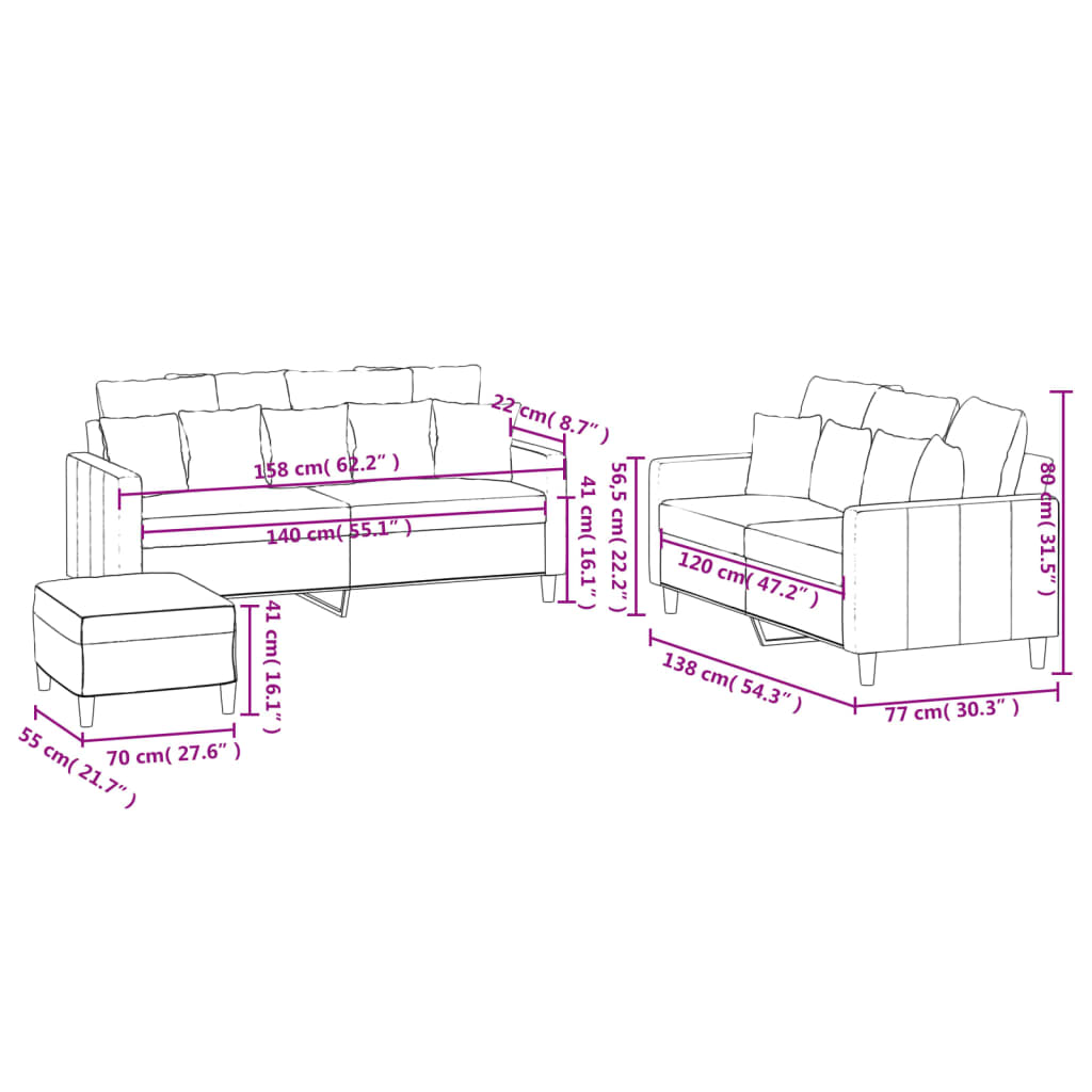 3 pcs conjunto de sofás com almofadões veludo cinzento-claro