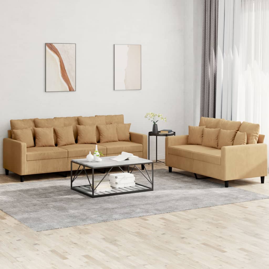 2 pcs sofa set with brown velvet cushions