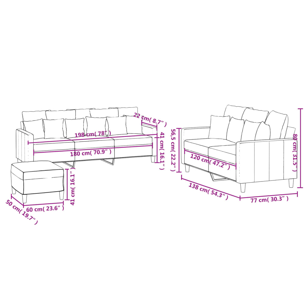 3 pcs conjunto de sofás com almofadões veludo cinzento-escuro