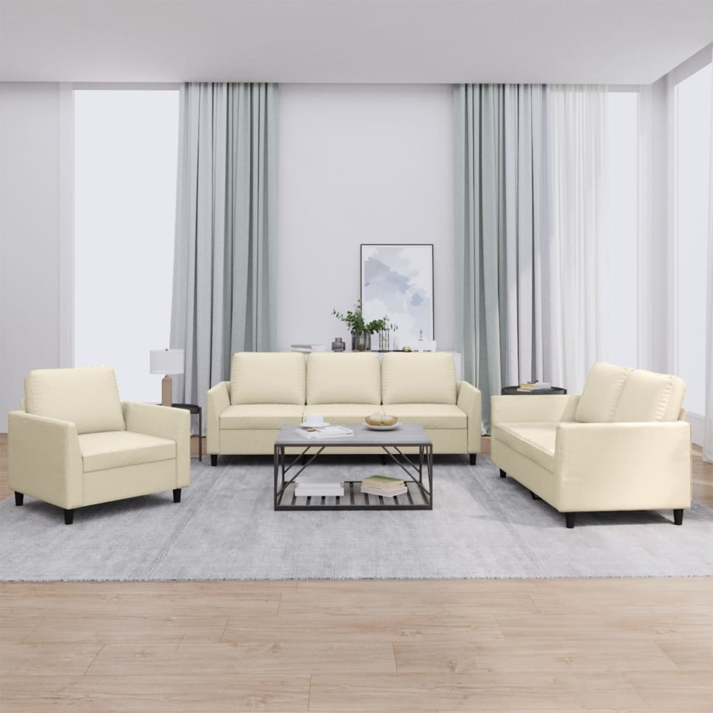 3 pcs conjunto sofás c/ almofadões couro artificial cor creme