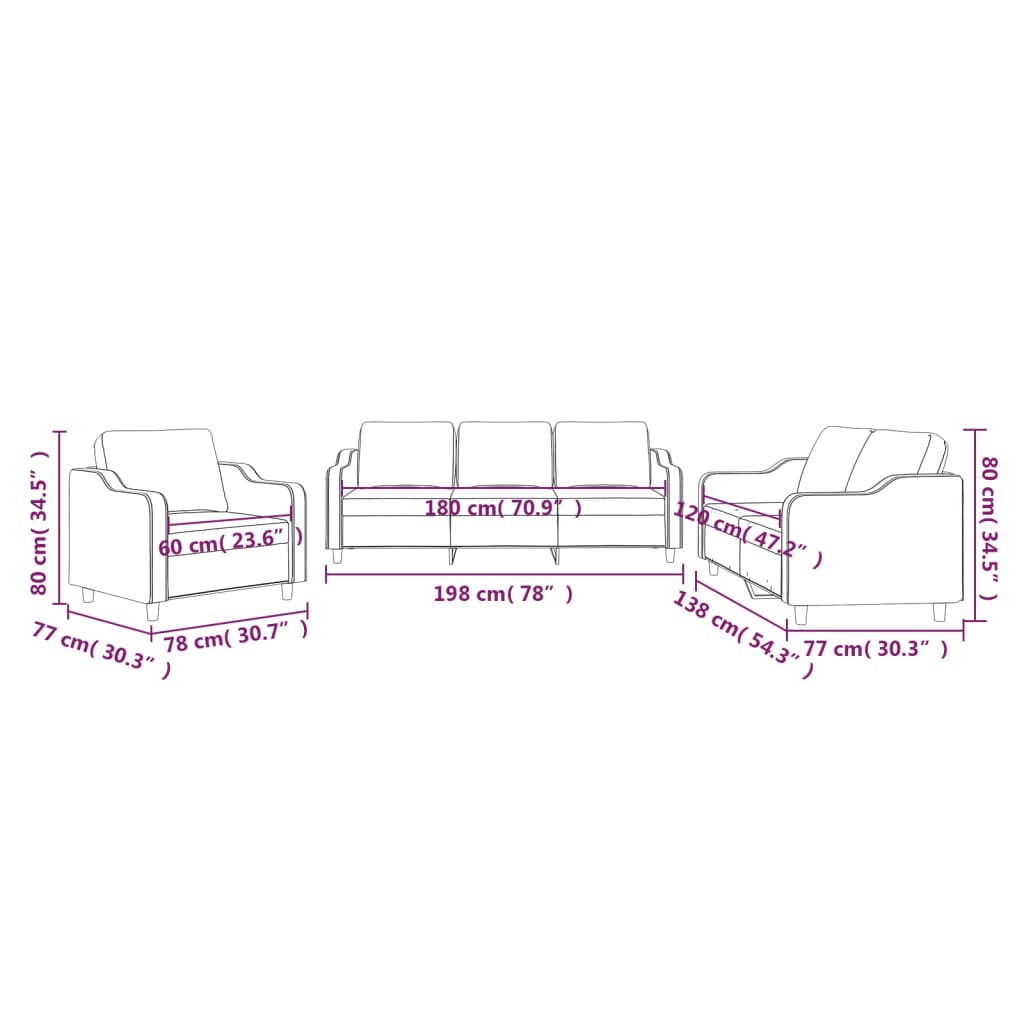 3 pcs conjunto de sofás com almofadões tecido preto