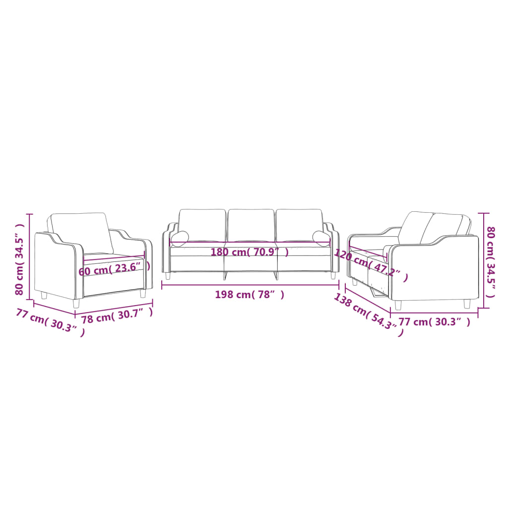 3 pcs conjunto de sofás com almofadas tecido preto