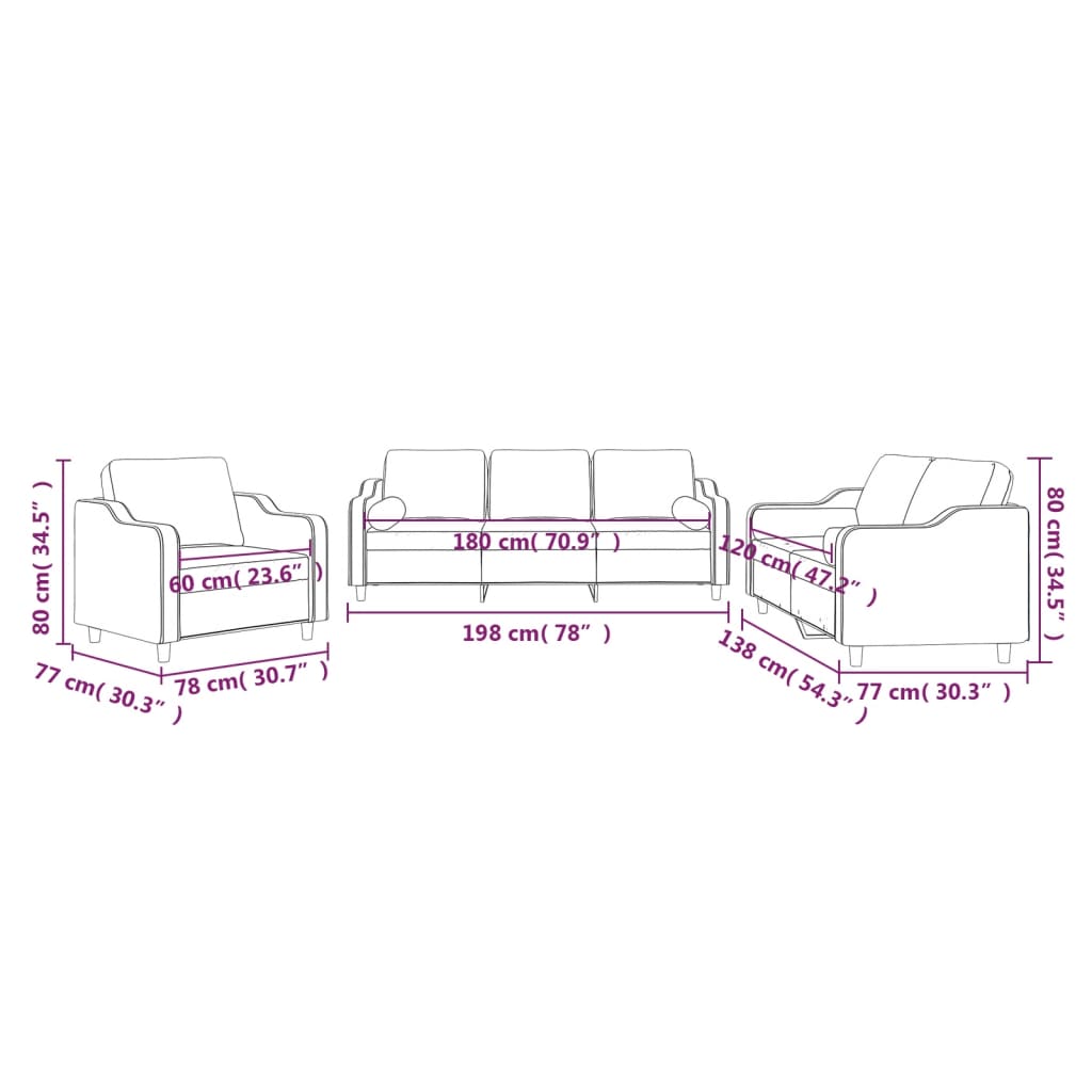 3 pcs conjunto de sofás com almofadas tecido vermelho-tinto