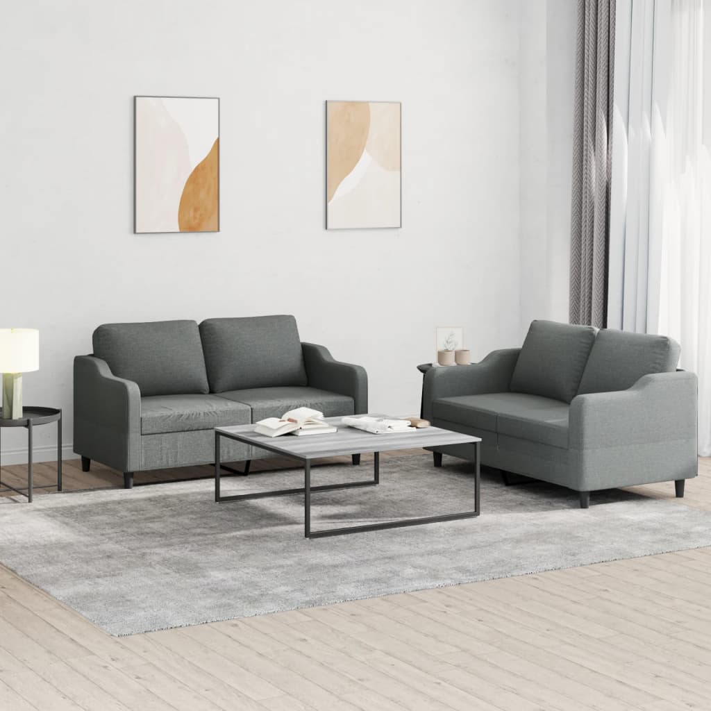 2 pcs sofa set with cushions dark grey fabric