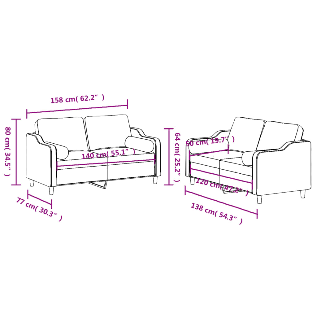 2 pcs conjunto de sofás com almofadas tecido preto