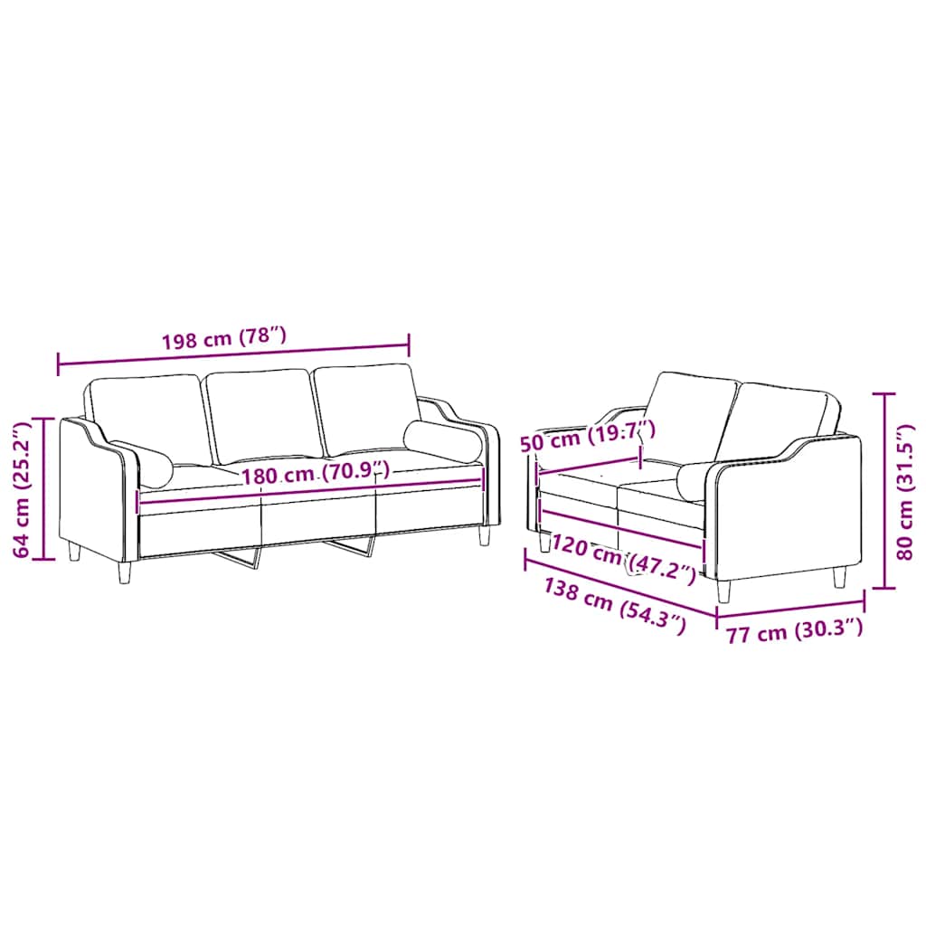 2 pcs conjunto de sofás com almofadas tecido vermelho-tinto