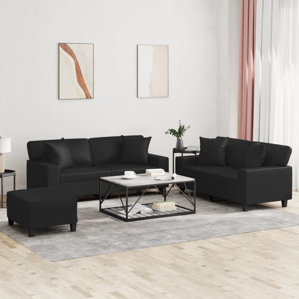 3 pcs conjunto de sofás com almofadas couro artificial preto