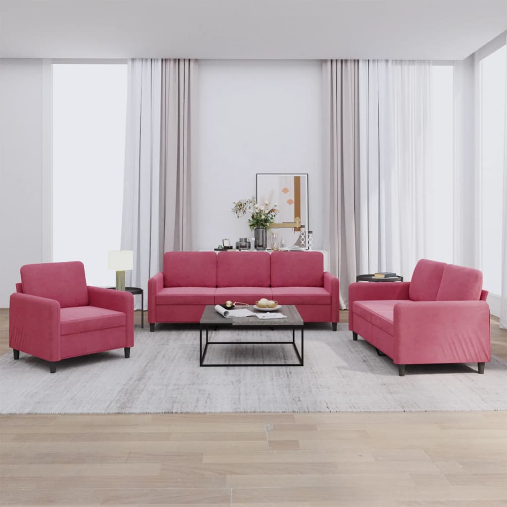 3 pcs red-red velvet sofa set