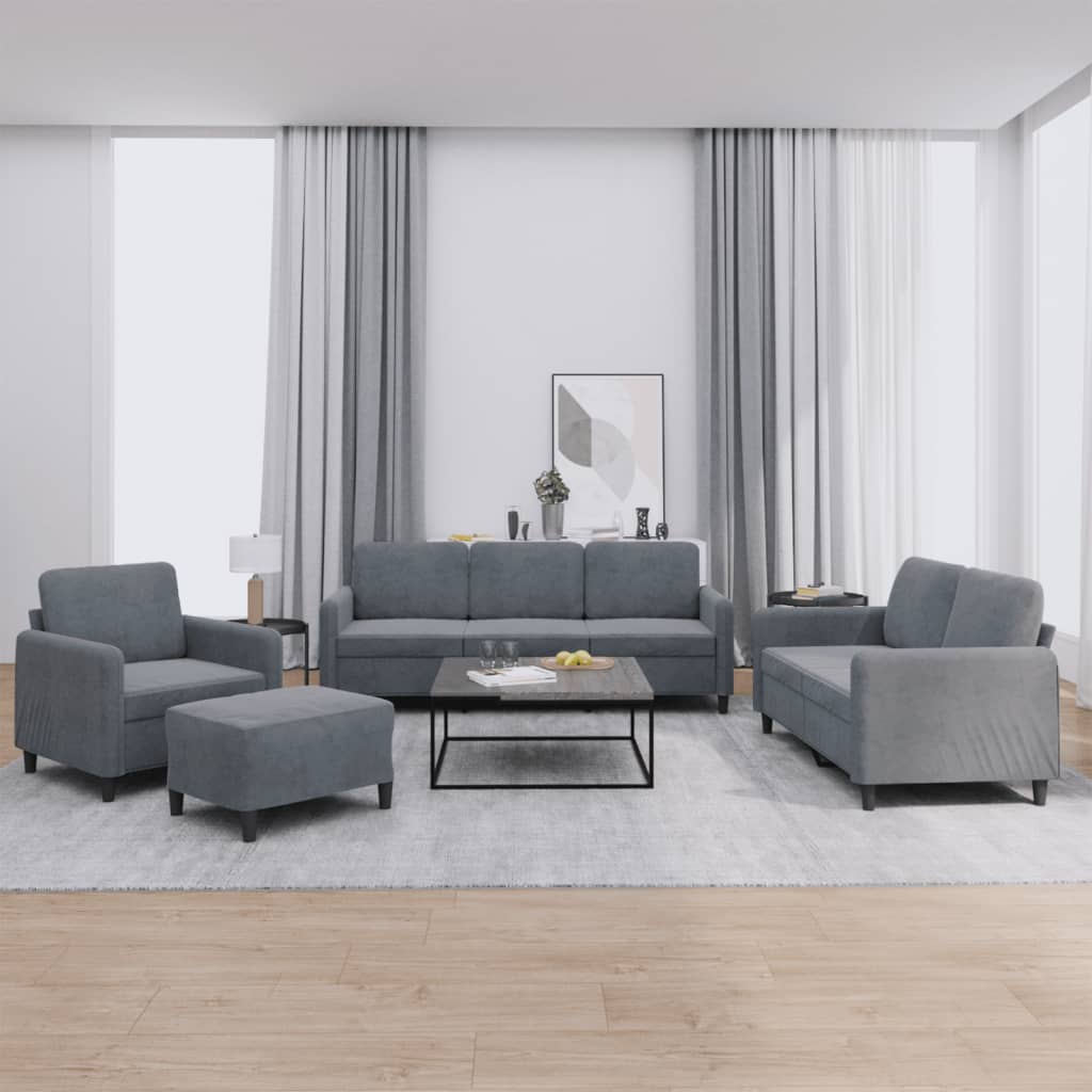 4 pcs conjunto de sofás veludo cinzento-escuro