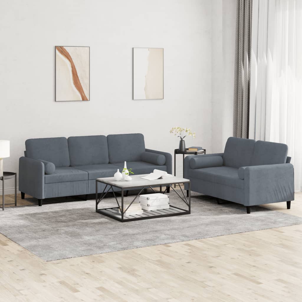 2 pcs sofa set with cushions dark grey velvet