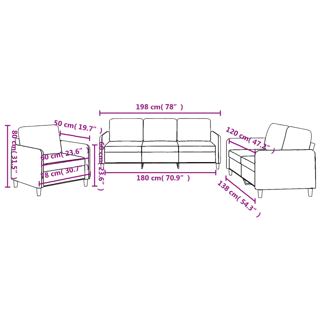 3 pcs sofa set with cushions cream color fabric