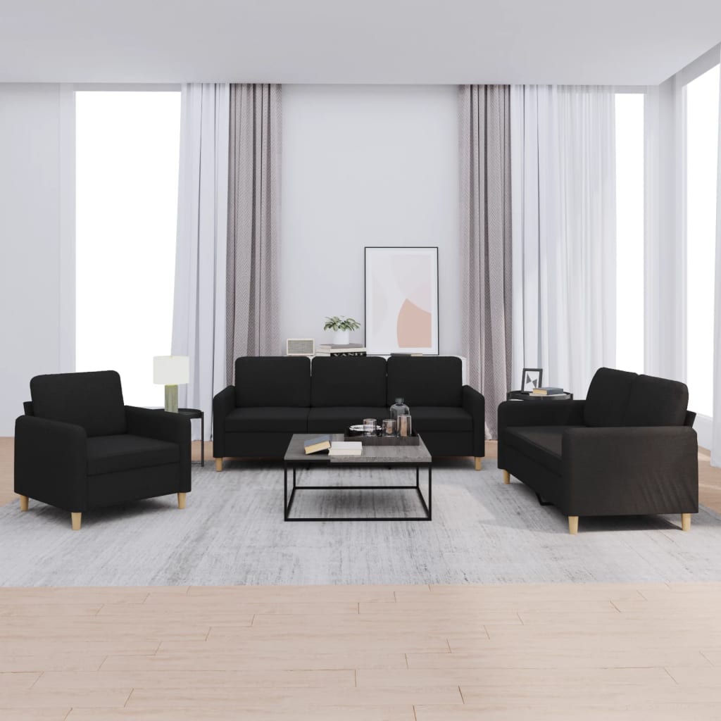 3 pcs sofa set with cushions black fabric