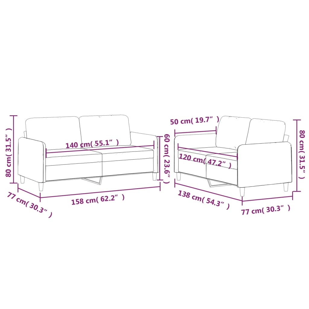 2 pcs conjunto de sofás com almofadões tecido castanho