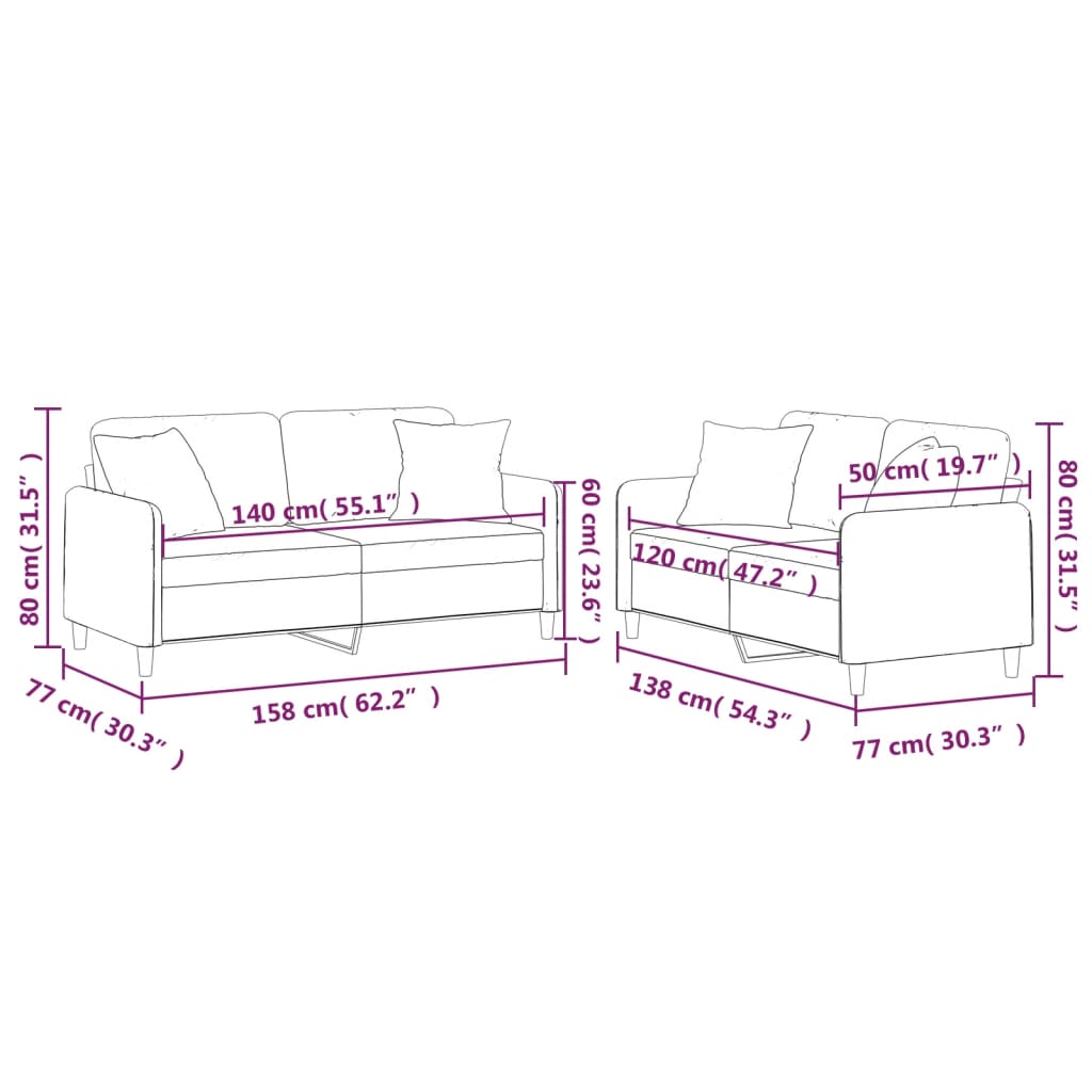 2 pcs conjunto de sofás com almofadas tecido cinzento-claro