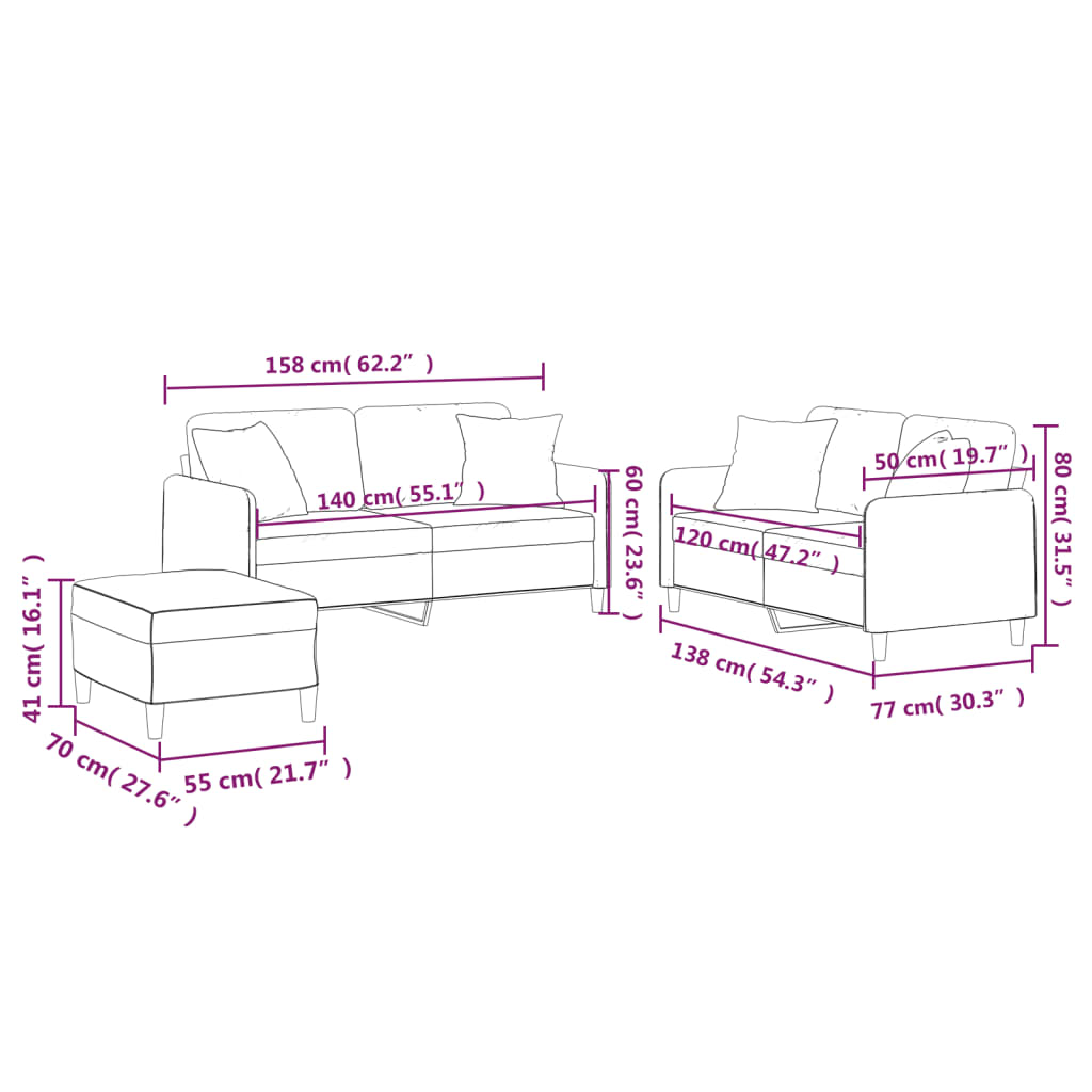 3 pcs conjunto de sofás com almofadas tecido cinzento-claro
