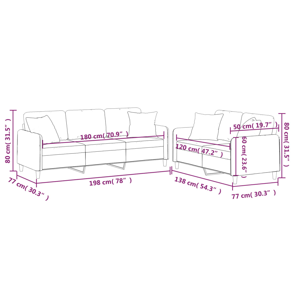 2 pcs conjunto de sofás com almofadas tecido cinzento-claro