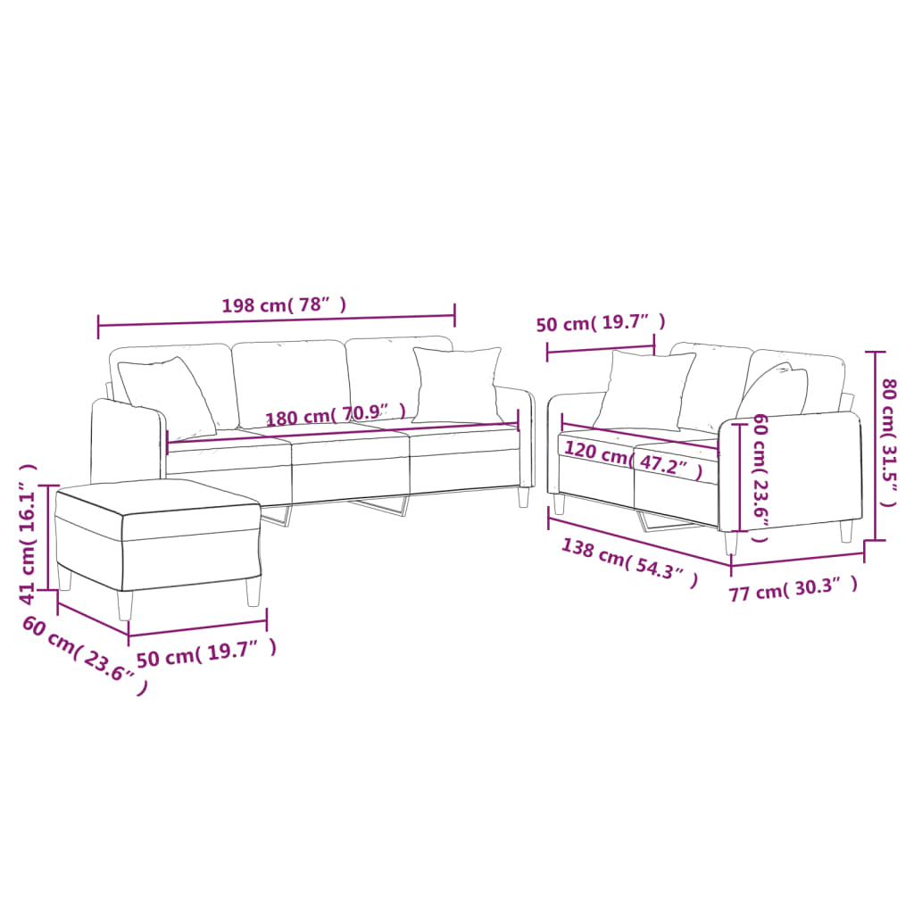 3 pcs conjunto de sofás com almofadas tecido cinzento-claro