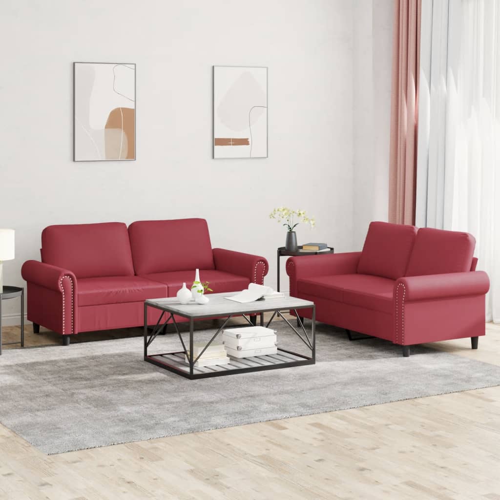 2 pcs sofa set with red faux leather cushions