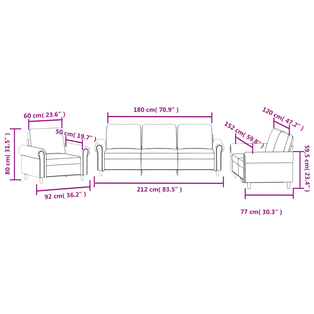 3 pcs conjunto de sofás com almofadões veludo cinzento-claro