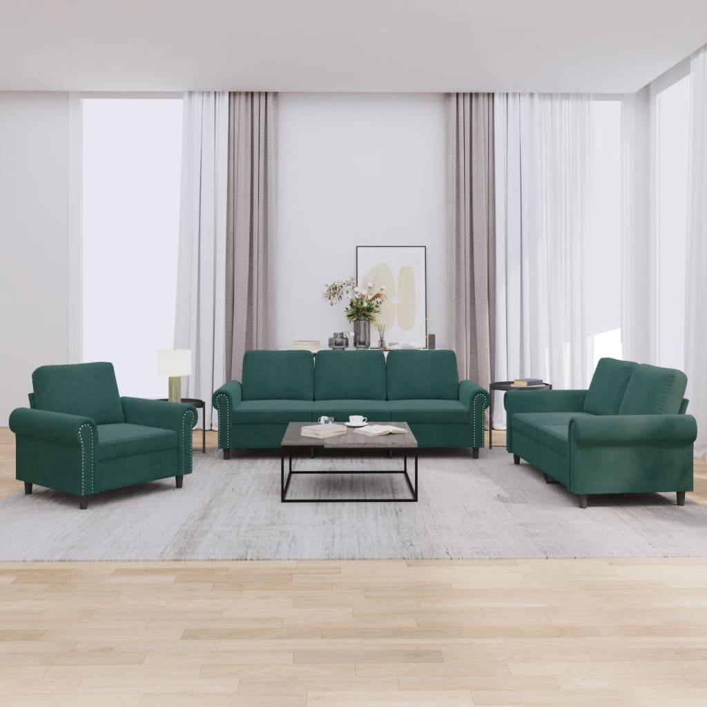 3 pcs sofa set with dark green velvet cushions