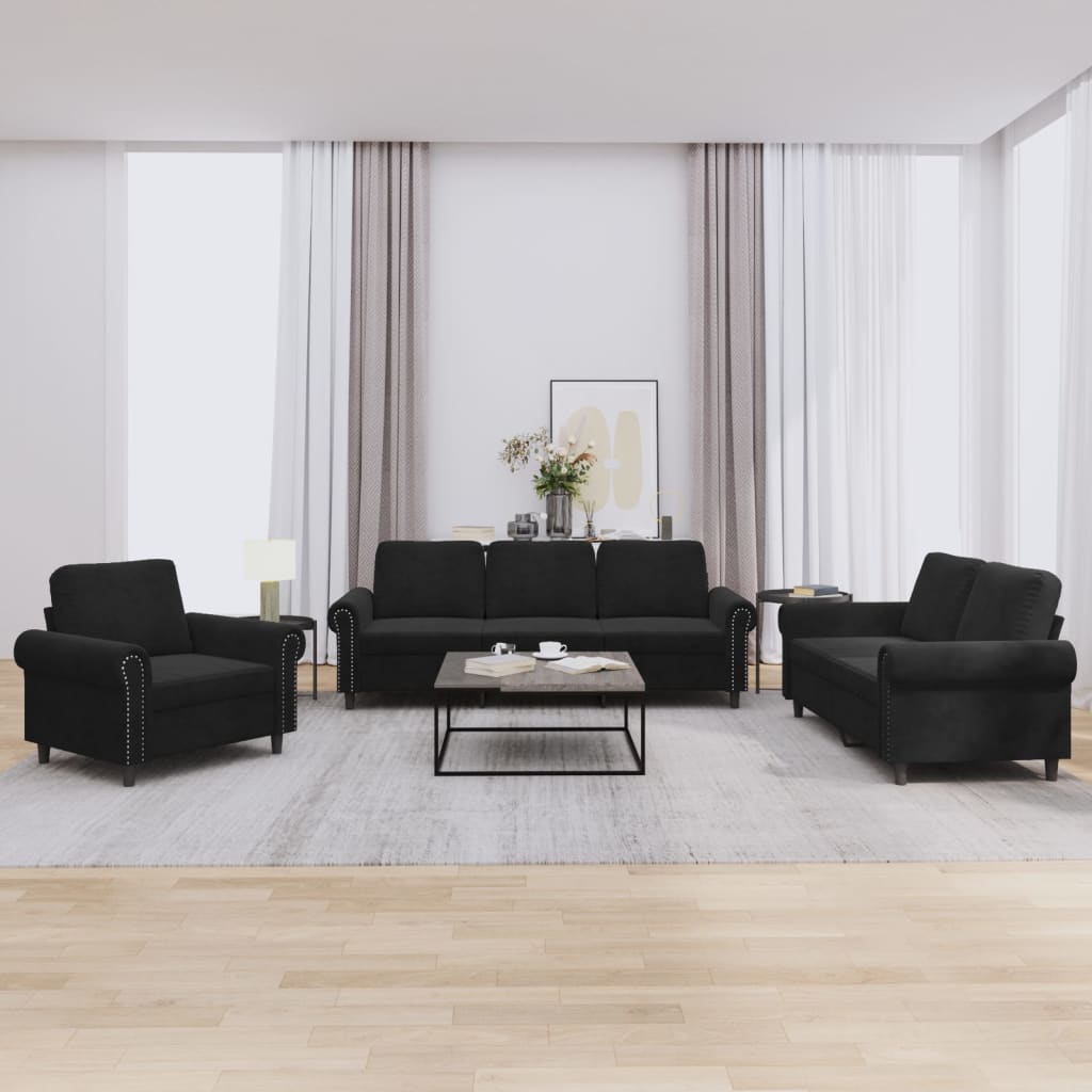 3 pcs sofa set with black velvet cushions